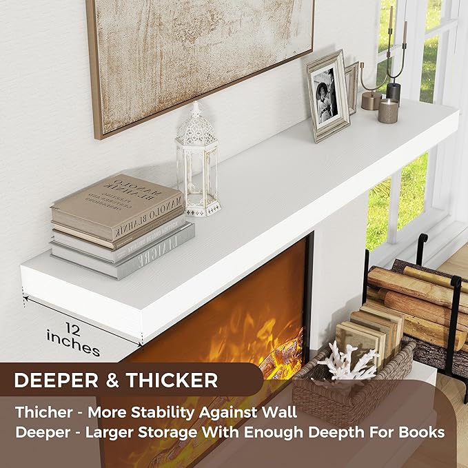 Floating Shelves for Wall, 48 Inch Wide x 12 Inch Deep Floating Shelves, Long Wood Floating Wall Shelf Shelves for Living Room Bathroom Bedroom Kitchen Home - (White, 48" W x 12" D x 2" H)