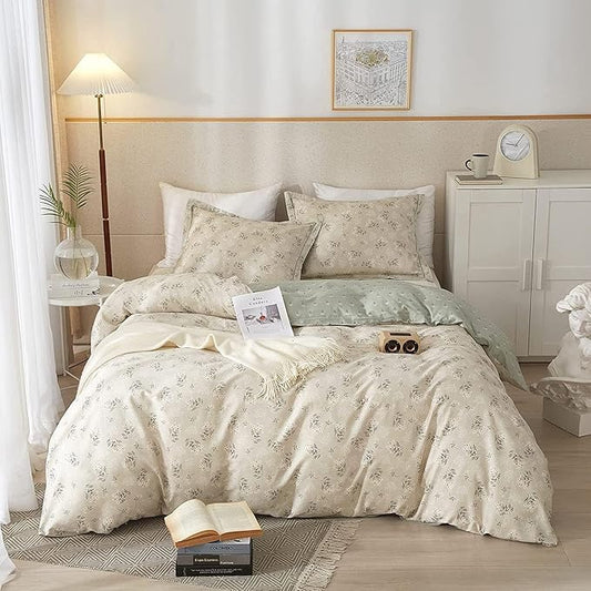 LifeTB Boho Floral Duvet Cover Twin XL Cotton Aesthetic Floral Bedding Sets Vintage Garden Floral Comforter Cover Beige Sage Green Floral Botanical Duvet Cover with Zipper Closure 4 Ties