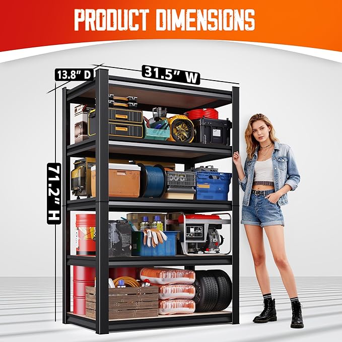 71"H Garage Shelving-5 Tier Garage Storage Shelves,Adjustable Heavy Duty Metal Shelving Unit and Storage Large Rack,Utility Steel Shelf For Warehouse Industrial Pantry Basement 71"x32"x14"-2Pack