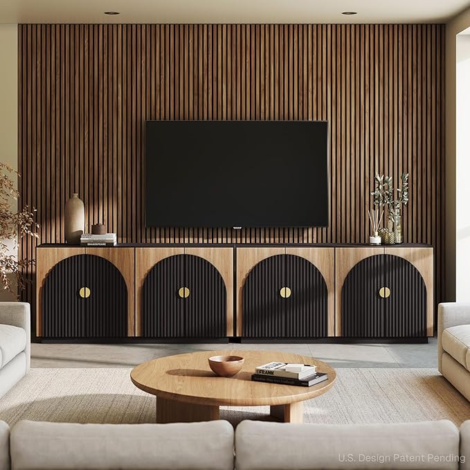BELLEZE Set of 2 Fluted Buffet Cabinet with Storage, 65 Inch Symmetrical Arc Accent Sideboard Large Console Table for Dining Room, Kitchen, and Living Room (Camel)