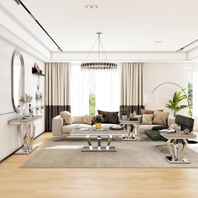 4-Piece Coffee Table Set, Gray and Silver Living Room Tables with 4 Geometric Bases, 1 Coffee Table + 2 End Table + 1 Console Table for Home Office