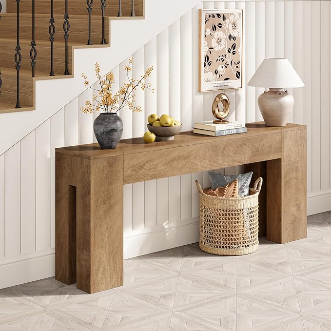 Extra Long Sofa Console Table for Entryway Living Room, 79-Inch Farmhouse Wood Behind Couch Table, Rectangular Accent Console with Wooden Double Base for Hallway Foyer Entrance, Natural Oak