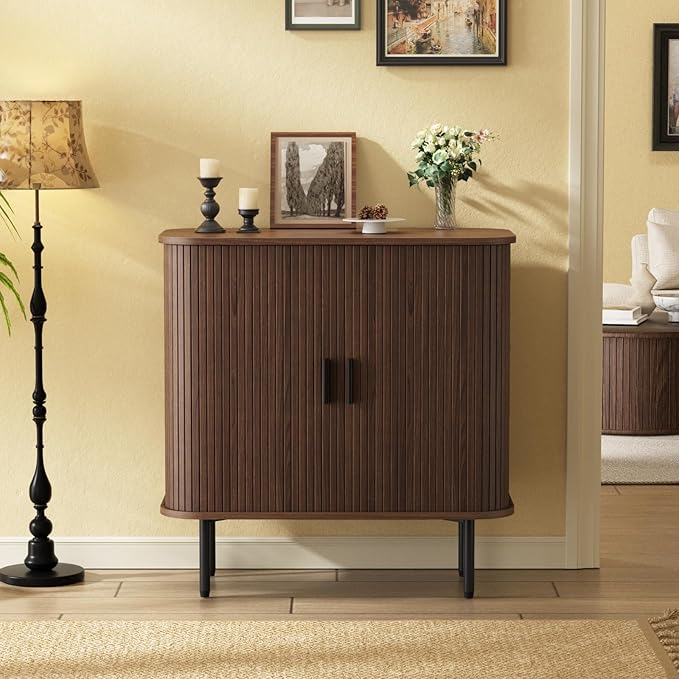 31''W Walnut Buffet Sideboard Cabinet with Storage, Fluted Accent Storage Cabinet with Curvy Edge, Sliding Door, Freestanding Credenza, Console Table for Living Room, Kitchen, Hallway