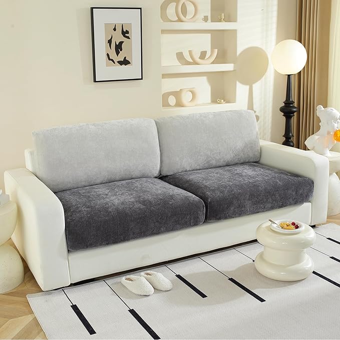 Couch Cushion Covers for L Shaped Sectional Sofa – Softer Chenille Sofa Covers Washable, Non-Slip Stretch Couch Covers & Individual Seat Cushion Slipcovers (2 Piece, Dark Grey)