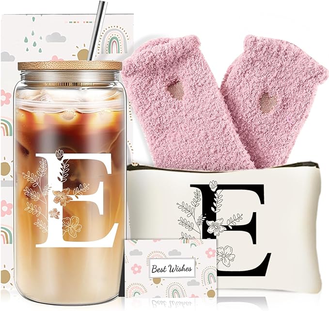 Unique Initial Glass Cup with Lids and Straws, Monogrammed Gifts Box Included Makeup Bag, Christmas Birthday Gifts for Women Mom Sister Grandma, E