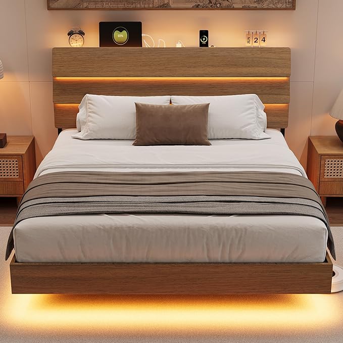 Queen Floating Bed Frame with Charging Station, Led Bed Frame with Wood Storage Headboard, Heavy Duty Metal Slats, No Box Spring Needed, Noise Free, Easy Assembly, Walnut
