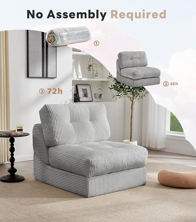 Tbfit Folding Sofa Bed, Convertible Sleeper Chair with Large Pillow, Corduroy Folding Couch Bed, Portable & Foldable Mattress Boneless Floor Sofa for Living Room, Bedroom, Office, Grey, Single