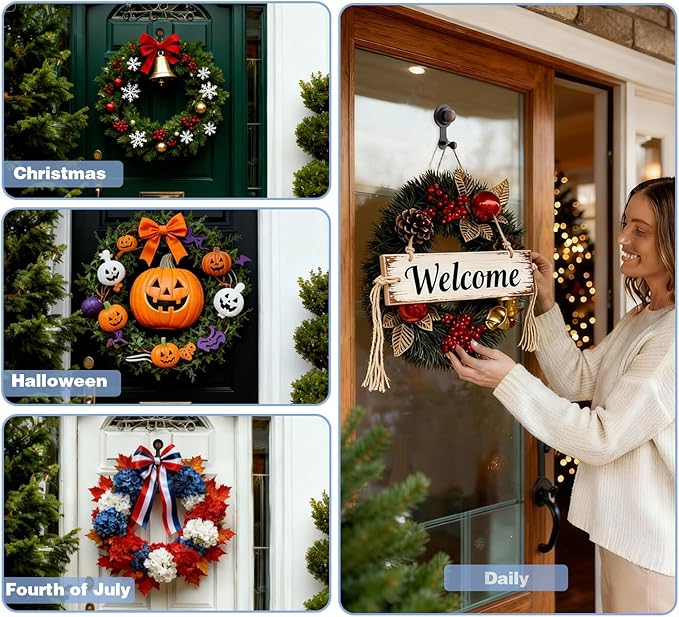 Wreath Hangers for Front Door,Suction Cup Hooks for Shower,Removable No-drill Suction Cup Hook for Door Wreaths/Glass Window/kitchen,Ideal for Holiday/Christmas Door Decoration(2 pcs - 4 suction cups)
