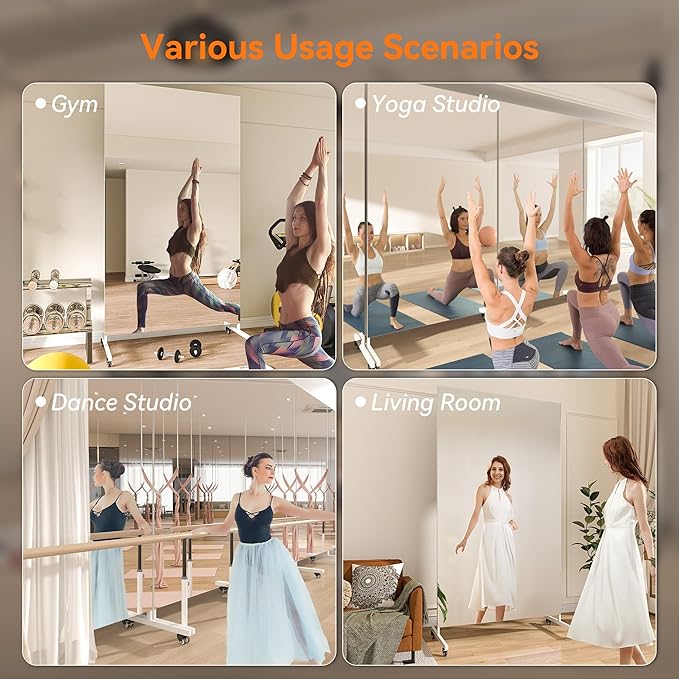 Hasipu Home Gym Mirror 360° Swivel on Wheels, 74.8" x 35.4" Extra Large Full Body Rolling Mirror for Yoga Studio, Bedroom, Dancing Studio, White