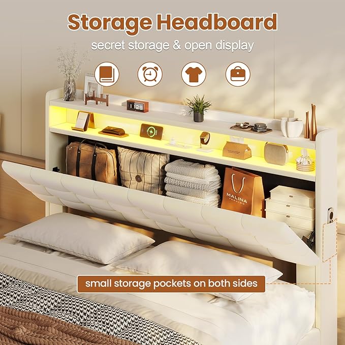 ADORNEVE Lift Up Storage Full Bed Frame with LED Lights, Hidden Storage Headboard and Charging Station, Upholstered Platform Bed, LED Bed with Hydraulic, No Box Spring Needed, Creamy White