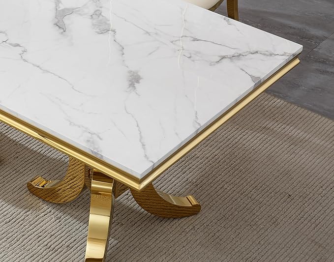Goujxcy Faux Marble Dining Table Set for 6, Modern 7-Piece Dining Table Set with 6 Velvet Upholstered Chairs, 70" Large Long Faux Marble Kitchen Dining Room Table and Chairs with Stainless Steel Legs