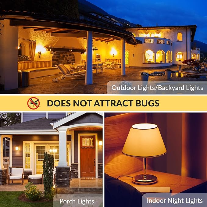 Simba Lighting Bug Non-Attracting Yellow LED Bulb 6W 40W Equivalent (4 Pack), Great for Outdoor Porch Light, Night Light, Dusk-to-Dawn Smart Sensor Auto On/Off, Amber Warm Light, A19 E26 Medium Base