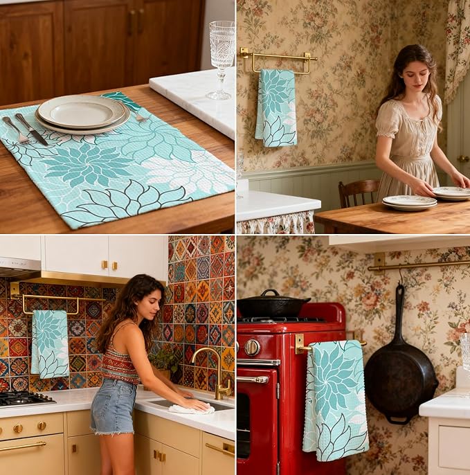 Boho Floral Abstract Waffle Towels, Flower Hand Towel for Bathroom Decor, 16x24 Inch Neutral Azure Flower Dish Tea Towel Decor for Kitchen/Bath/SPA,Gift for Friends.