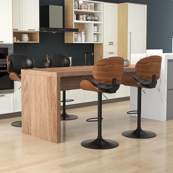 KCC Bar Stools Set of 4, Swivel Adjustable Height Barstools, PU Leather Upholstered Bar Chairs with Footrest, Bentwood Bar Stool for Kitchen, Bar, Dining Room(Black PU)