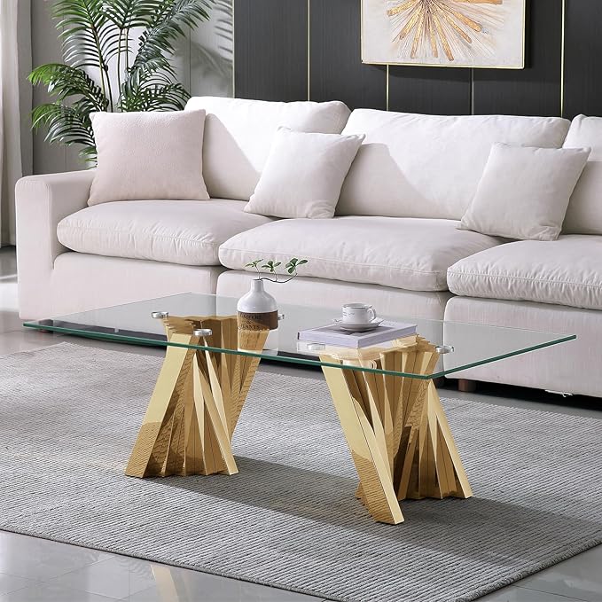 Goujxcy Modern Glass Coffee Table 51" Gold Center Table with Tempered Glass Top and Mirror Finish Stainless Steel Legs, Luxury Rectangular Coffee Table for Living Room Apartment (Gold)