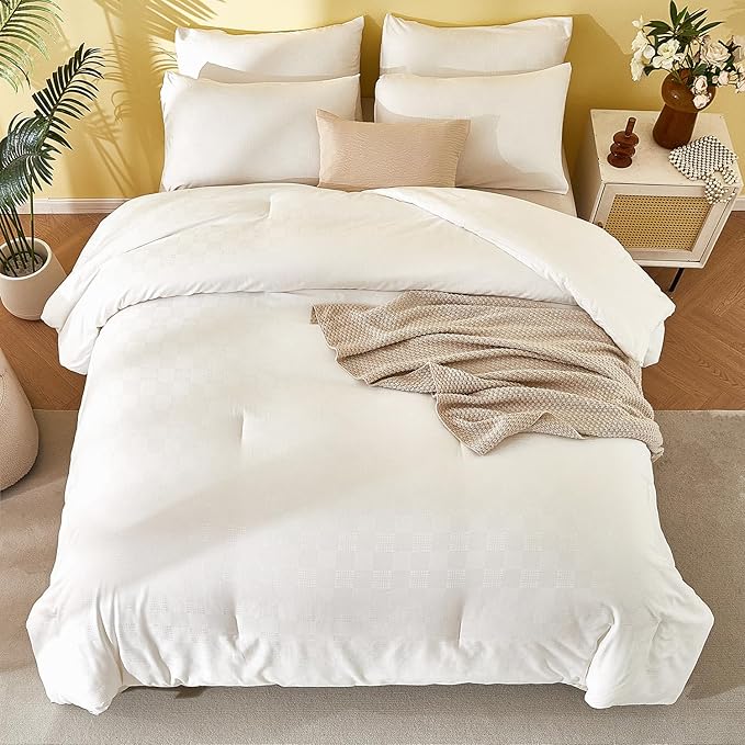 3 Pieces White Waffle Queen Comforter Set, Lightweight Comfy Breathable Waffle Weave Comforter All Season Soft Bedding (90x90 in Comforter & 2 Pillowcases)
