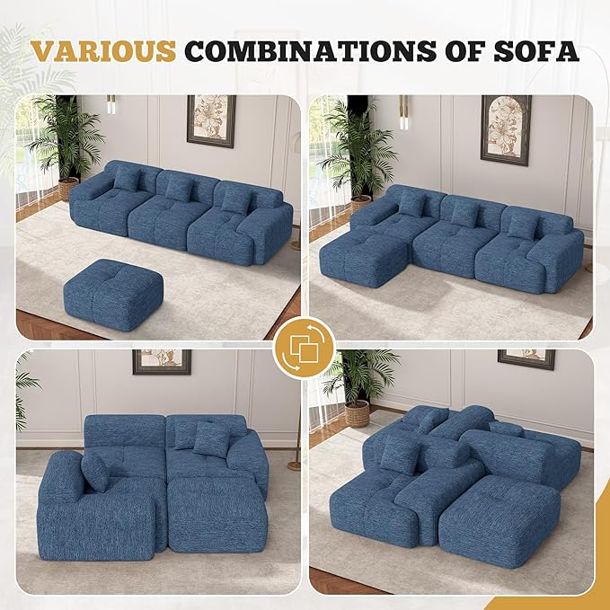 158" Modern U Shaped Modular Sectional Sofa, Boneless Couches for Living Room with Ottoman,6 Seater Convertible Chenille Cloud Couch Sofa Set, No Assembly Required, Blue 1 PCS
