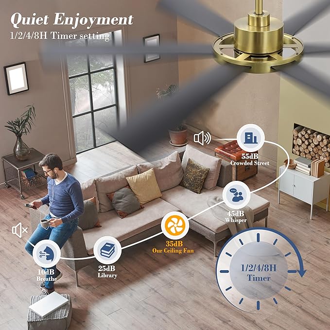ELEHINSER 60" Ceiling Fan with Lights - 6 ABS Plastic Blades, 3 Downrods, 6-Speed Reversible DC Motor, 3CCT, Windmill Ceiling Fan for Kitchen Bedroom Living Room, Brass and Black