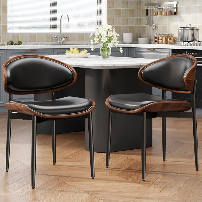 Dining Chairs Set of 4, Mid-Century Modern Upholstered PU Leather Chairs with Walnut Bentwood Back and Metal Legs Adjustable Feet for Kitchen Dining Room, Black PU