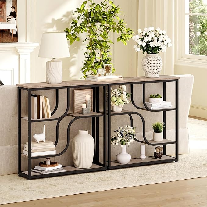 HOOBRO 29.5" Console Table, 5-Tier Sofa Table, Behind Couch Table with Storage Shelves for Hallway, Living Rooms, Entryway, Greige and Black BG69XG01