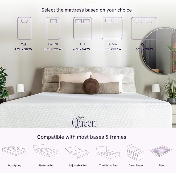 NapQueen 12 Inch Queen Size Mattress, Bamboo Charcoal Memory Foam Mattress, Bed in a Box,White
