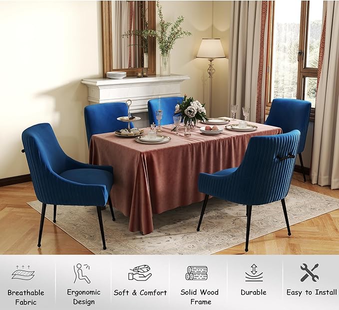Velvet Dining Chairs Set of 4,Blue Upholstered Living Room Chairs with Black Metal Legs, Modern Tufted Accent Chairs for Living Room, Study Room, Kitchen