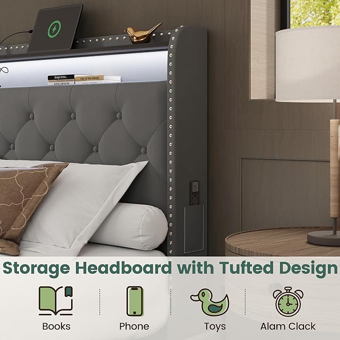 LARMACE King Bed Frame with 4 Storage Drawers and USB Charging Station Velvet Tufed Upholstered Platform Bed Frame with Headboard LED Light, Heavy Duty Platform/Noise Free, Easy Assembly, Grey
