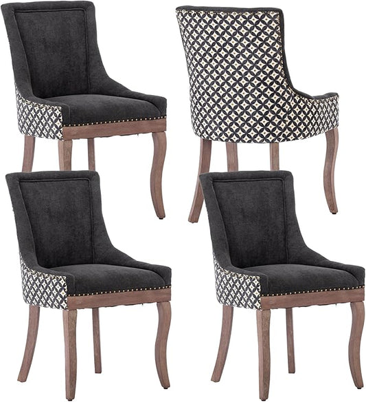 Farmhouse Dining Chairs Set of 4, Upholstered Fabric Dining Room Accent Chairs with Wood Legs & Bronze Nailhead, High Wingback Kitchen Chairs for Living Room Hotel Apartment, Black