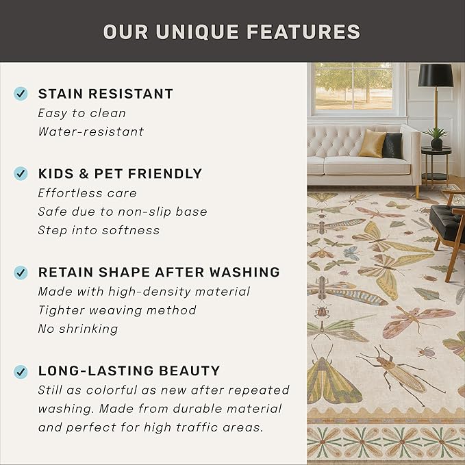Beige Dining Table Rug - 6x9 Area Rugs for Bedroom, Living Room, Cute Kids Room, Large Fun Insect Butterfly Vintage Non-Slip Décor, Low Pile Stain Resistant