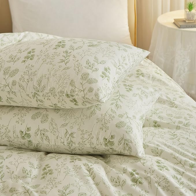 EAVD Fresh Green Floral Comforter Set Full White Fluffy Soft Microfiber Chic Garden Floral Bedding Full Bed Comforter and 2 Pillowcases Reversible Vintage Botanical Comforter Set for All-Season