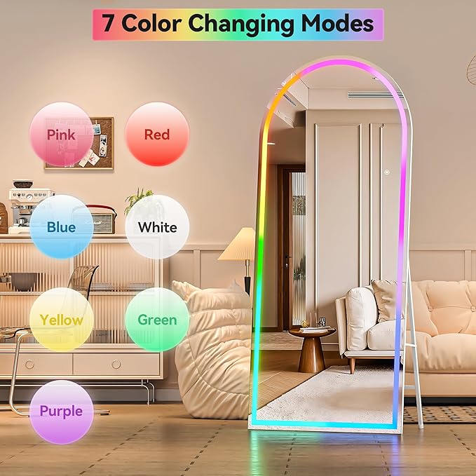 Hasipu 78.7" x 31.4" Arch LED RGB Bluetooth Full Length Mirror with Stand ＆ 7 Color Lighting Modes, Full Body Mirror with White Frame for Bedroom, Living Room, Dressing Room