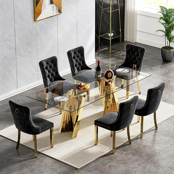 Goujxcy 70" Glass Dining Table Set for 6, Modern Gold Dining Table Set with 6 Black Velvet Upholstered Dining Chairs, 7 Piece Kitchen Dining Room Table Set with Stainless Steel Legs