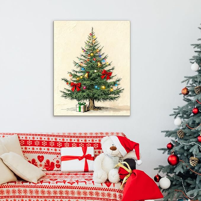Framed Christmas Pictures Wall Decor,Vintage Pine Tree Prints,Winter Christmas Canvas Wall Art Decoration for Bedroom Bathroom Living Room Rustic Xmas Holiday Gifts (Christmas Tree 9, 16'' X 24'')