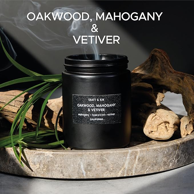 Craft & Kin Premium Oakwood, Mahogany & Vetiver Candle | Black Christmas Scented Candles for Men | Long Lasting with 45 Hour Burn Time, 7.6oz | Soy Holiday Candles | Aromatherapy at Home