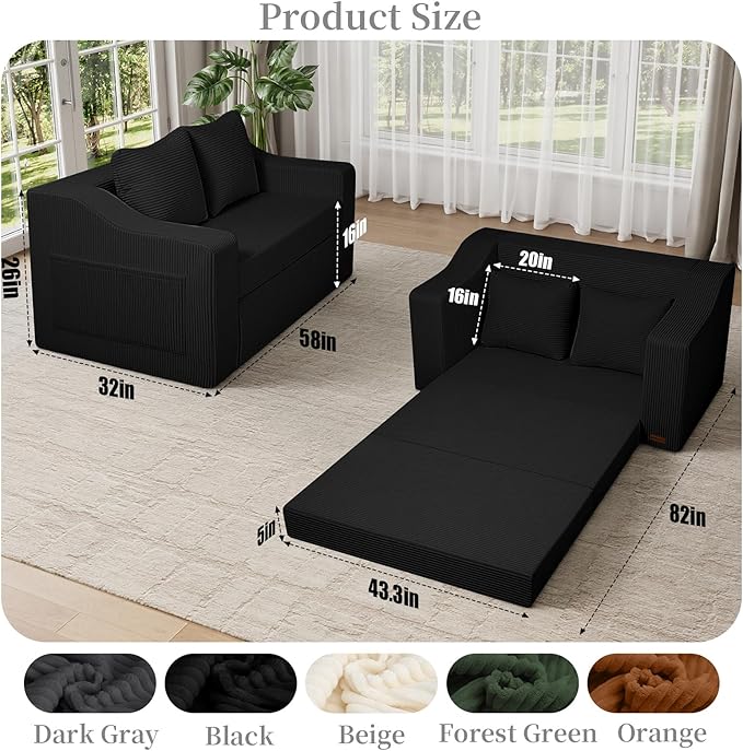 MeMoreCool Convertible Sofa Bed, Pull Out Loveseat Sofa Sleeper Couch for Bedroom Living Room Lounge, 2 in 1 Small Couch Bed with Pillow, Foldable Love Seat Futon Corduroy Black