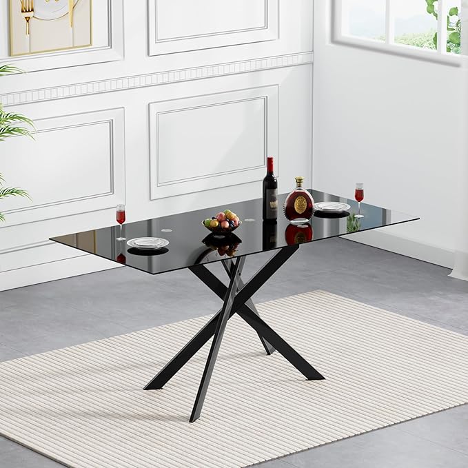 51.18" Glass Dining Table for 4-6, Dining Room Table with Black Tempered Glass and Black Metal Legs, Modern Rectangular Kitchen and Dining Room Dinner Table for Kitchen