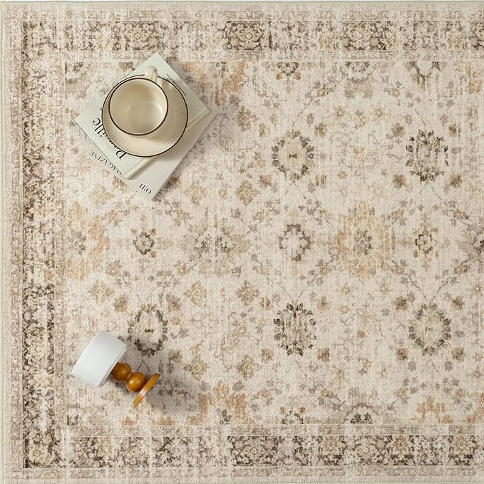 Beige 3x5 Area Rug Non Slip Vintage Office Entryway Rug Distressed Machine Washable Kitchen Carpet Retro Traditional Floral Accent Throw Door Mat for Bedroom Bathroom Dining Living Room