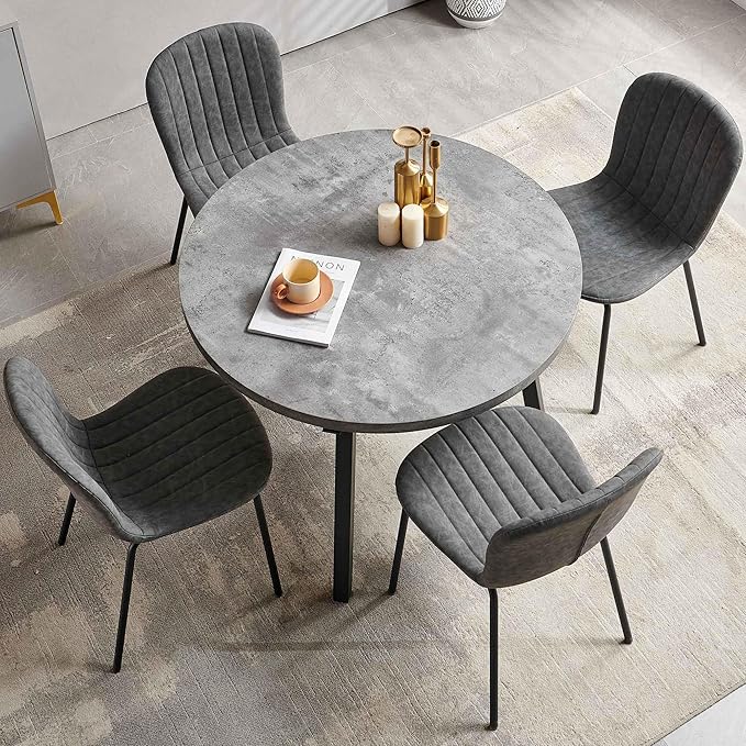 5-Piece Round Table Set for 4, 37.4" Grey Round Table with Hooks, Solid MDF Tabletop, Industrial Kitchen Table with Dark Grey PU Dining Chairs for Living Room, Dining Room