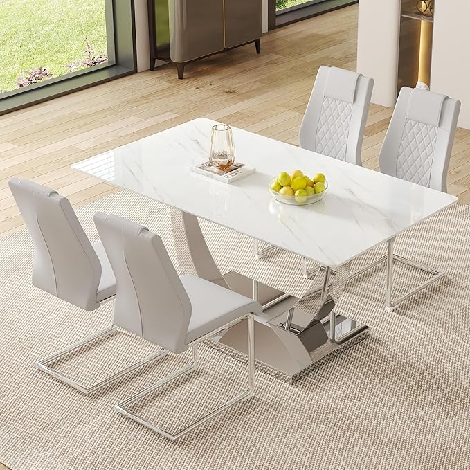 63" Modern Dining Table Set for 4, White Dining Room Set for 4, Tempered Glass Kitchen Table and PU Leather Chairs, Marble Pattern Top with Sturdy Silver Chrome Base