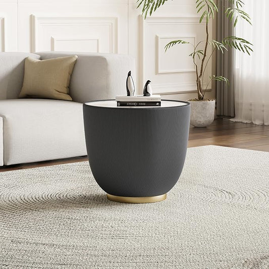 Grey Round Coffee Table with Sintered Stone Tabletop, 19.69 Drum Coffee Table with Fluted PU Leather Covered and Metal Base, Circle Cocktail Tea Table for Living Room