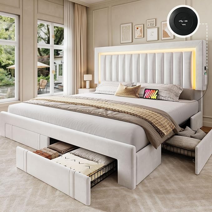 DWVO Queen Size Bed Frame with Adjustable Headboard, 4 Storage Drawers and RGB LED Lights, Velvet Upholstered Platform Bed with USB Ports, No Box Spring Needed, Fast Assembly, Noise-Free, White