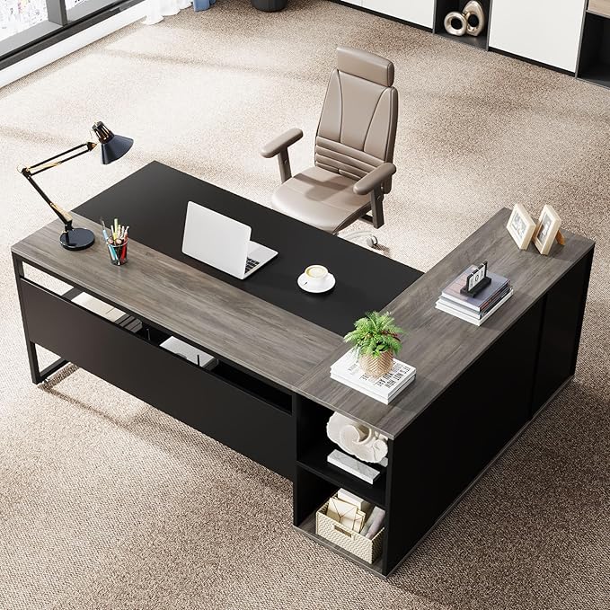 LITTLE TREE Large Executive Desk with File Cabinet, 71 inch L Shaped Computer Desk Office Desk with Drawers and Storage Shelves, Business Furniture Desk Workstation for Home Office, Grey