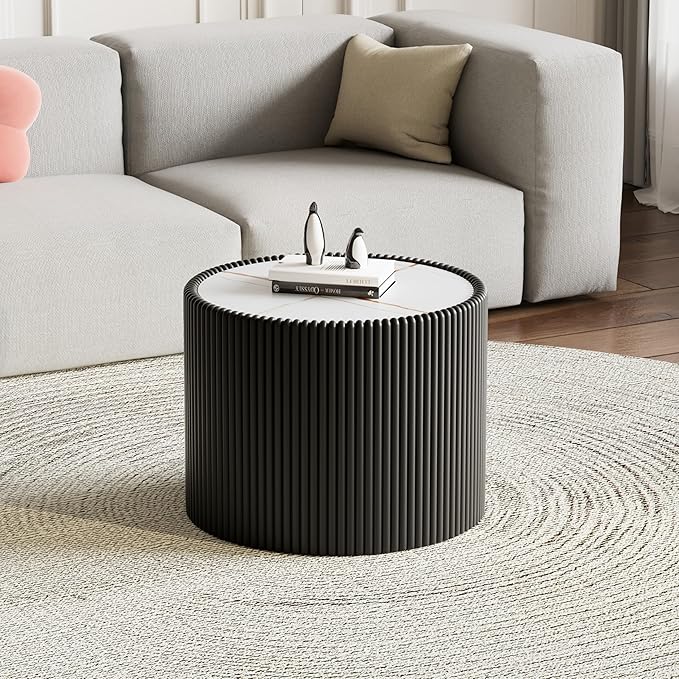 Black Round Coffee Table with Sintered Stone Tabletop, 17.71" Drum Coffee Table with Fluted PU Leather Covered and Stable Base, Circle Cocktail Tea Table for Living Room