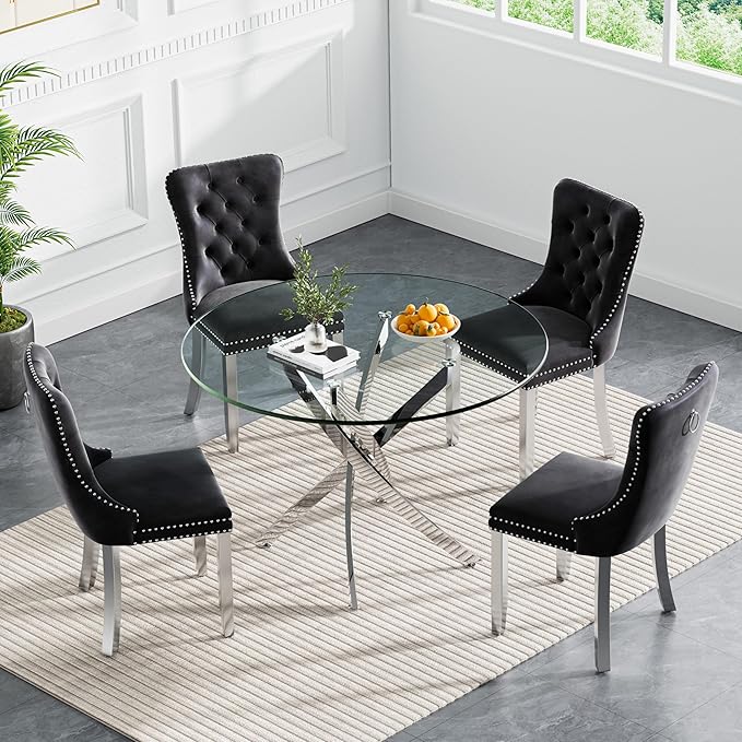 Goujxcy 5 Piece Round Glass Dining Table Set for 4, 36" Round Dining Table & Chair Set Modern Circle Glass Kitchen Table and 4 Velvet Upholstered Chairs for Kitchen Dining (Silver Table & Black Chair)