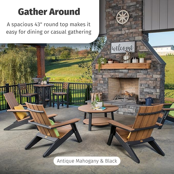 LuxCraft Deluxe Poly Round Outdoor Coffee Table, Two Tier Coffee Table, Round Conversation Tables for Outside Patio with Lower Shelf - Amish Made in USA (Cedar & Black)