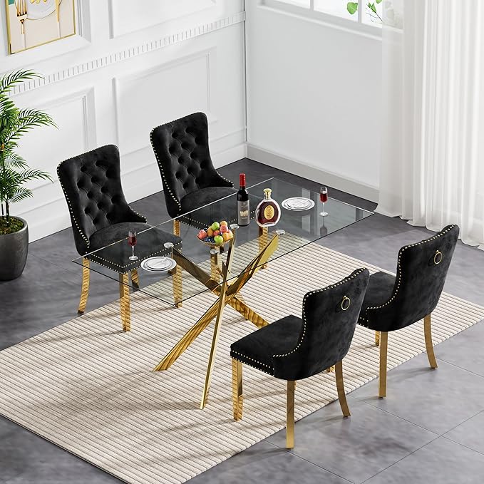 Goujxcy Glass Dining Table Set for 4, Modern Kitchen Table and Chairs Set of 4, 5-Piece Kitchen Dining Room Table Set w/51 Gold Glass Dining Table and 4 Black Velvet Upholstered Chairs