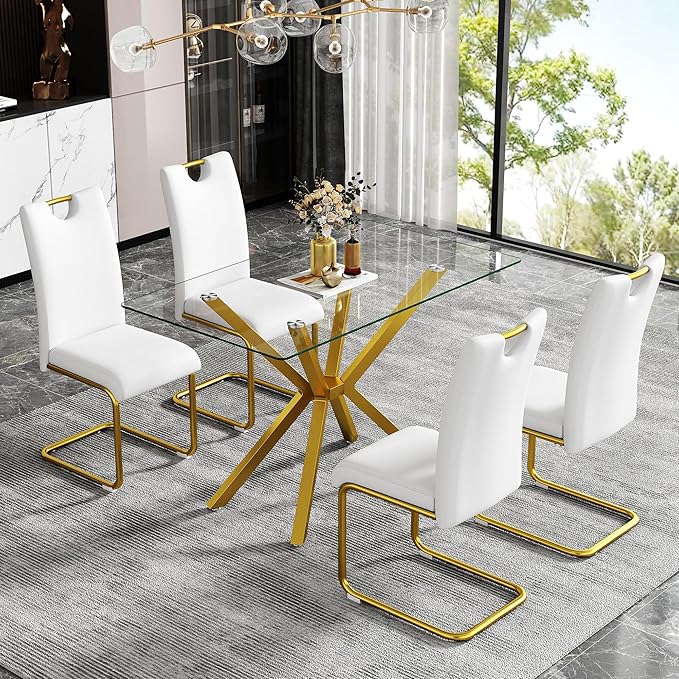 47" Tempered Glass Dining Table for 4, Modern Kitchen Table Rectangle Top, Geometric Metal Leg, for Apartment Dining Room Restaurant (Gold)