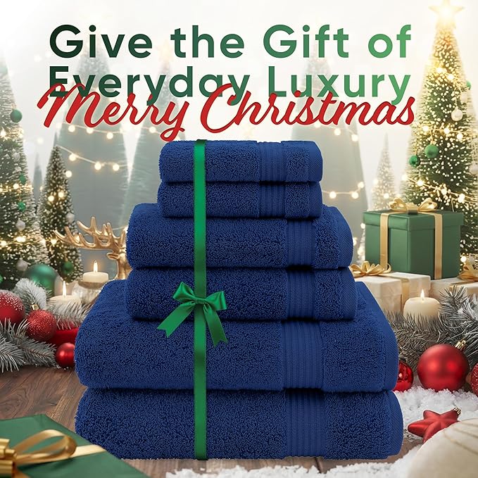 American Veteran 100% Cotton Turkish 6 Piece Luxury Towel Set - 2 Bath, 2 Hand, 2 Washcloths in Navy Blue