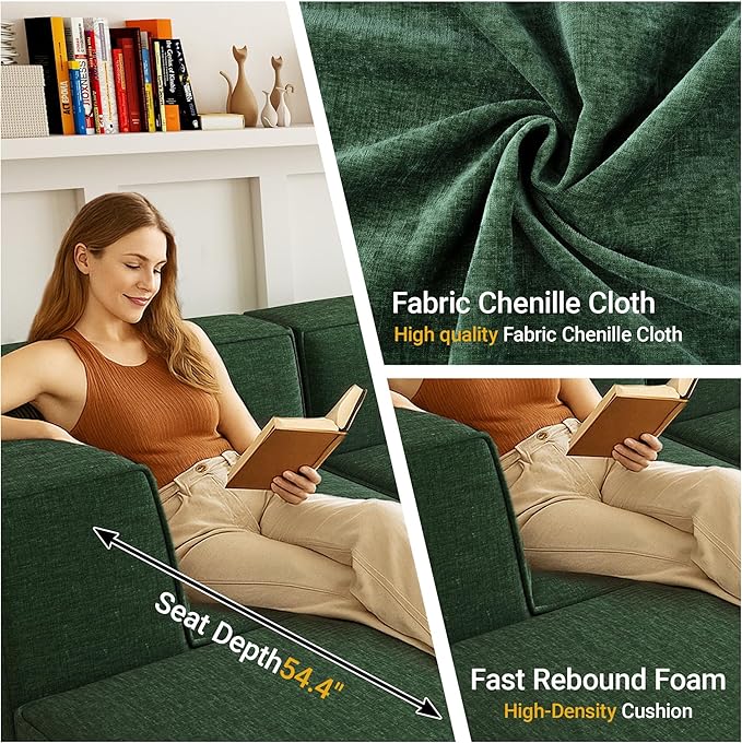 106" Sectional Compressed Sofa Modular Couches,High-Density Foam No Assembly Required,3-Piece(1xCorner 1xArmless 1xOttoman) for Living Room, Chenille Green