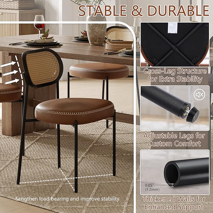 Rattan Dining Chairs Set of 6, Camel Leather Upholstered Dining Chairs with Rattan Cane Back, Mid Century Modern Dining Room Chairs with Black Metal Legs & D-Shaped Thicken Cushion, Camel